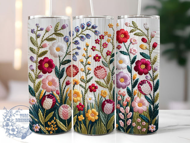 3D Embroidered Floral Tumbler, Embroidered Flower Tumbler, Whimsical Embroidery Wrap, Elegant Floral Wrap, Textured Flower Wrap, Sublimation Design, Trendy Gift Idea Sublimation ToriDesigns 