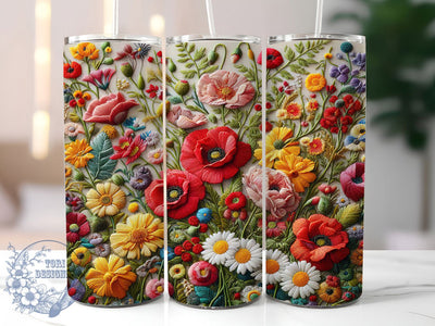 3D Embroidered Floral Tumbler, Embroidered Flower Tumbler, Whimsical Embroidery Wrap, Elegant Floral Wrap, Textured Flower Wrap, Sublimation Design, Trendy Gift Idea Sublimation ToriDesigns 
