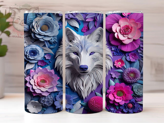 3D Fantasy Wolf Floral Mystical Tumbler, Fantasy Wolf PNG, Floral Wolf Design, 20oz Sublimation Wrap, Mystical Animal Cup, Wolf And Flowers Tumbler, Dreamy Forest Wolf Wrap Sublimation Lara' s Designs 