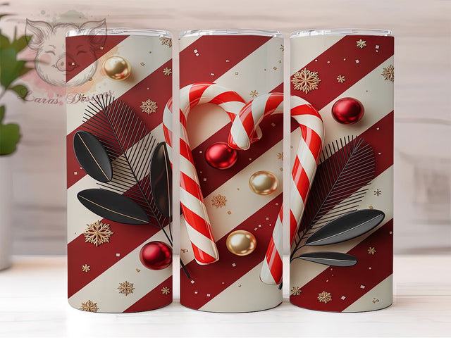3D Festive Candy Cane Tumbler, Christmas Wrap Design, 20Oz Skinny Tumbler, Holiday Sublimation Tumbler, Festive Candy Cane Wrap, Red And White Stripe Tumbler, Merry Christmas Design Sublimation Lara' s Designs 
