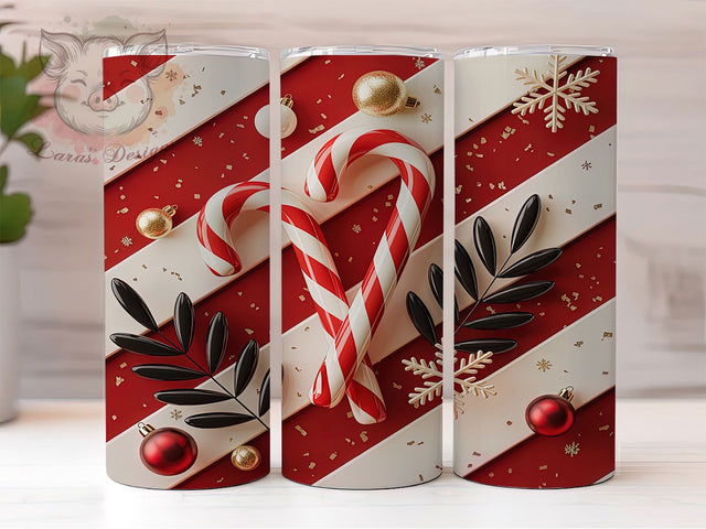 3D Festive Candy Cane Tumbler, Christmas Wrap Design, 20Oz Skinny Tumbler, Holiday Sublimation Tumbler, Festive Candy Cane Wrap, Red And White Stripe Tumbler, Merry Christmas Design Sublimation Lara' s Designs 