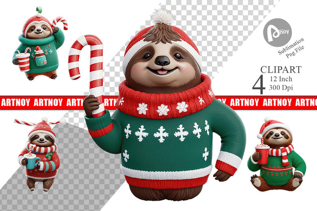 3D Festive Sloth Clipart Sublimation artnoy 