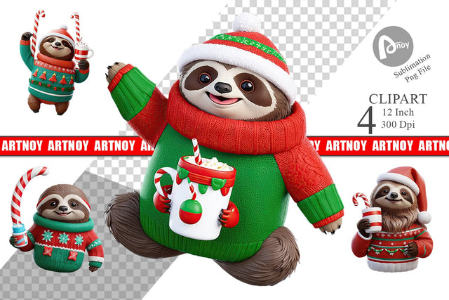 3D Festive Sloth Clipart Sublimation artnoy 