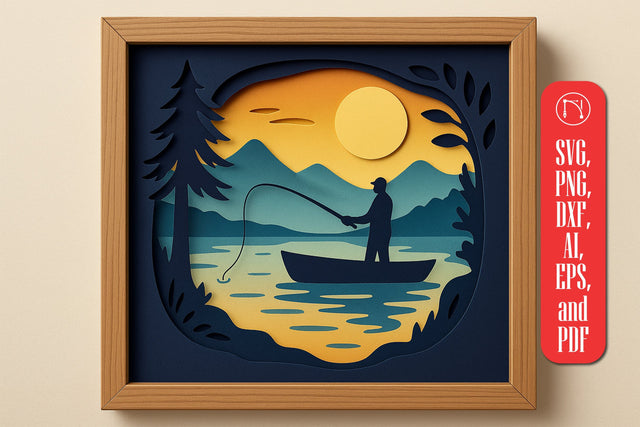 3D Fishing Scene Shadow Box layer SVG SVG MD JOYNAL ABDIN 