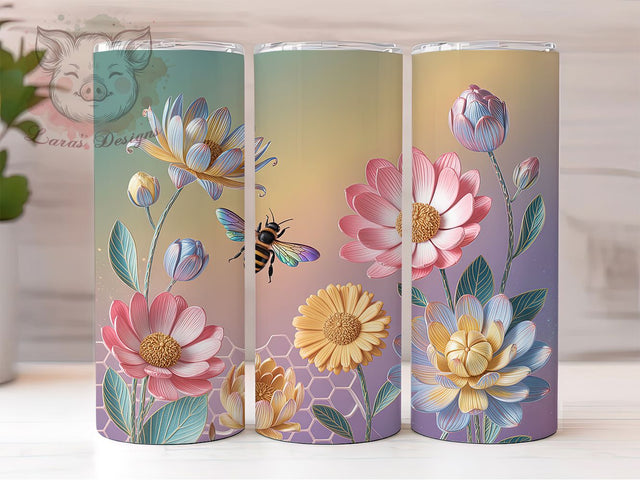 3D Floral Bee Tumbler, Floral Design, Nature Theme, Elegant Pattern, Vibrant Colors, 20Oz Tumbler, Sublimation Wrap Sublimation Lara' s Designs 