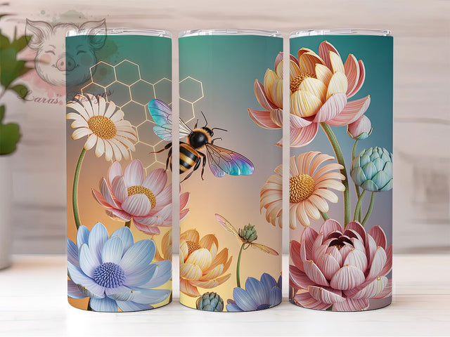 3D Floral Bee Tumbler, Floral Design, Nature Theme, Elegant Pattern, Vibrant Colors, 20Oz Tumbler, Sublimation Wrap Sublimation Lara' s Designs 