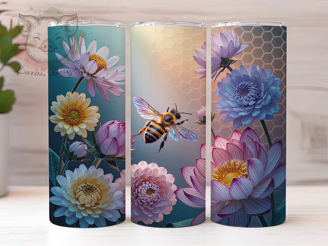 3D Floral Bee Tumbler, Floral Design, Nature Theme, Elegant Pattern, Vibrant Colors, 20Oz Tumbler, Sublimation Wrap Sublimation Lara' s Designs 