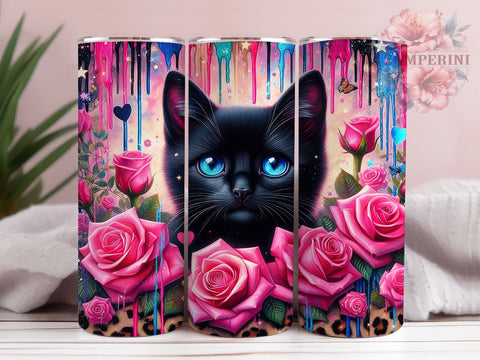 3D Floral Black Cat 20 oz Skinny Tumbler Sublimation Design, Straight & Tapered Tumbler Png, Cat Lovers Tumbler Png, Digital Download PNG Sublimation Li Zamperini 