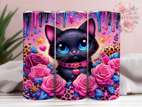 3D Floral Black Cat 20 oz Skinny Tumbler Sublimation Design, Straight & Tapered Tumbler Png, Cat Lovers Tumbler Png, Digital Download PNG Sublimation Li Zamperini 