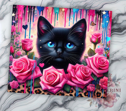 3D Floral Black Cat 20 oz Skinny Tumbler Sublimation Design, Straight & Tapered Tumbler Png, Cat Lovers Tumbler Png, Digital Download PNG Sublimation Li Zamperini 