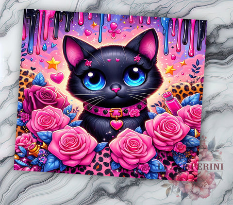 3D Floral Black Cat 20 oz Skinny Tumbler Sublimation Design, Straight & Tapered Tumbler Png, Cat Lovers Tumbler Png, Digital Download PNG Sublimation Li Zamperini 