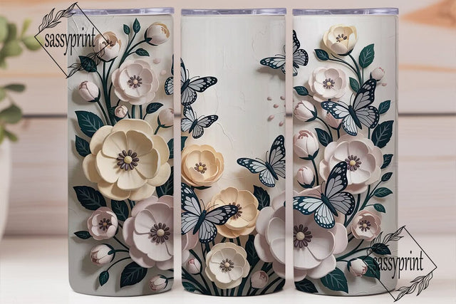 3D Floral Butterfly 20oz Tumbler Wrap Sublimation sassyprint 