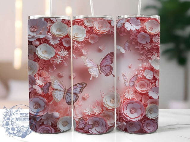 3D Floral Butterfly Pink Tumbler, Pink Flower Wrap, Elegant Butterfly Sublimation Design, Cute Floral Cup, 20Oz Skinny Tumbler Wrap, Whimsical Butterfly Mug, Feminine Floral Design Sublimation ToriDesigns 
