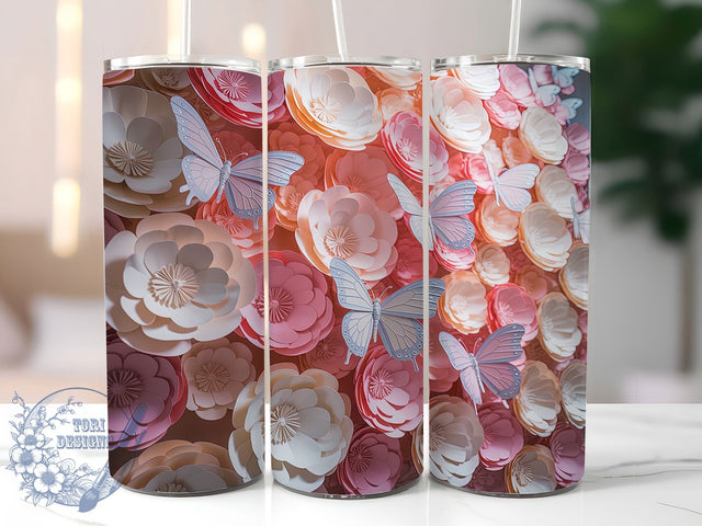 3D Floral Butterfly Pink Tumbler, Pink Flower Wrap, Elegant Butterfly Sublimation Design, Cute Floral Cup, 20Oz Skinny Tumbler Wrap, Whimsical Butterfly Mug, Feminine Floral Design Sublimation ToriDesigns 