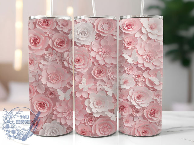 3D Floral Butterfly Pink Tumbler, Pink Flower Wrap, Elegant Butterfly Sublimation Design, Cute Floral Cup, 20Oz Skinny Tumbler Wrap, Whimsical Butterfly Mug, Feminine Floral Design Sublimation ToriDesigns 