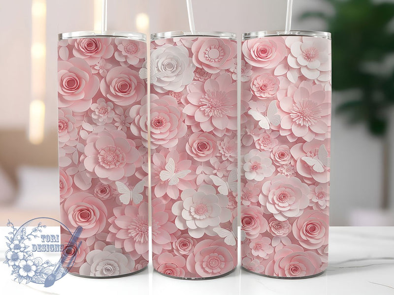 3D Floral Butterfly Pink Tumbler, Pink Flower Wrap, Elegant Butterfly Sublimation Design, Cute Floral Cup, 20Oz Skinny Tumbler Wrap, Whimsical Butterfly Mug, Feminine Floral Design Sublimation ToriDesigns 