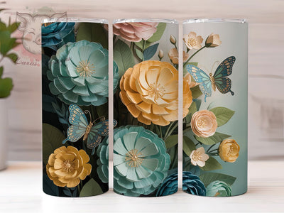 3D Floral Butterfly Tumbler, Floral Art, Elegant Design, Nature Theme, Vibrant Pattern, 20Oz Tumbler, Sublimation Wrap Sublimation Lara' s Designs 