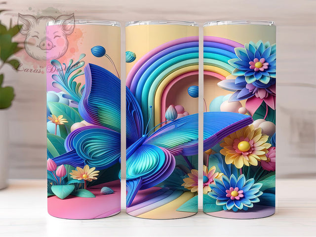 3D Floral Butterfly Tumbler, Floral Art, Elegant Design, Nature Theme, Vibrant Pattern, 20Oz Tumbler, Sublimation Wrap Sublimation Lara' s Designs 