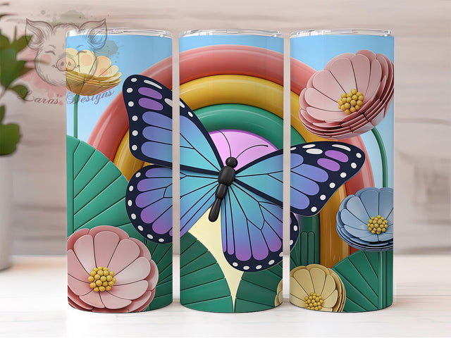 3D Floral Butterfly Tumbler, Floral Art, Elegant Design, Nature Theme, Vibrant Pattern, 20Oz Tumbler, Sublimation Wrap Sublimation Lara' s Designs 