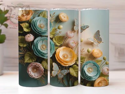 3D Floral Butterfly Tumbler, Floral Art, Elegant Design, Nature Theme, Vibrant Pattern, 20Oz Tumbler, Sublimation Wrap Sublimation Lara' s Designs 