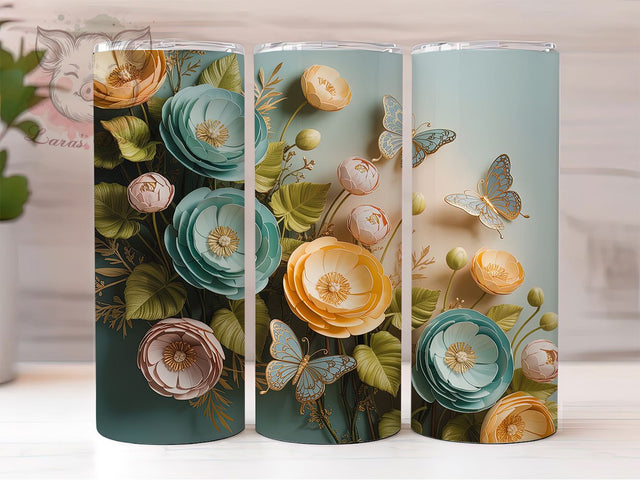 3D Floral Butterfly Tumbler, Floral Art, Elegant Design, Nature Theme, Vibrant Pattern, 20Oz Tumbler, Sublimation Wrap Sublimation Lara' s Designs 