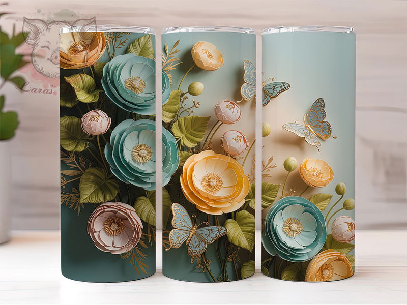 3D Floral Butterfly Tumbler, Floral Art, Elegant Design, Nature Theme, Vibrant Pattern, 20Oz Tumbler, Sublimation Wrap Sublimation Lara' s Designs 