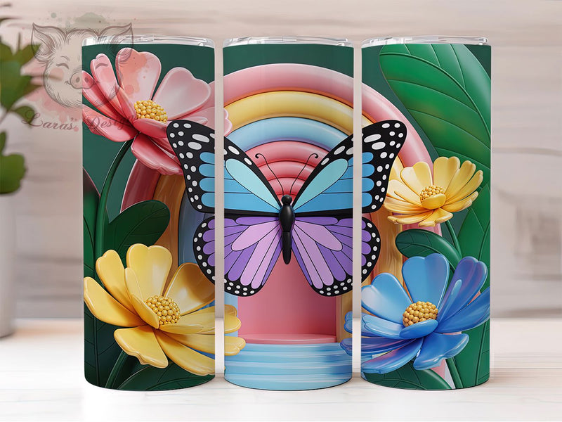 3D Floral Butterfly Tumbler, Floral Art, Elegant Design, Nature Theme, Vibrant Pattern, 20Oz Tumbler, Sublimation Wrap Sublimation Lara' s Designs 