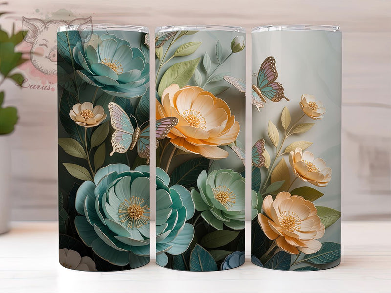 3D Floral Butterfly Tumbler, Floral Art, Elegant Design, Nature Theme, Vibrant Pattern, 20Oz Tumbler, Sublimation Wrap Sublimation Lara' s Designs 