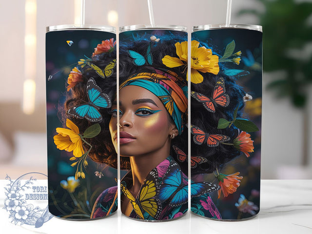 3D Floral Butterfly Tumbler Wrap, Floral Butterfly Wrap, 20oz Tumbler Sublimation, Melanin Beauty Design, Vibrant Nature Sublimation, Ethnic Garden Diva Tumbler, Colorful Wings Wrap Sublimation ToriDesigns 