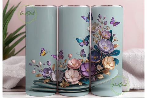 3D Floral Butterfly Tumbler Wrap Sublimation PixelChick 