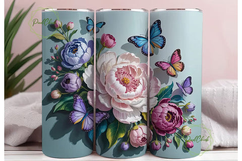 3D Floral Butterfly Tumbler Wrap Sublimation PixelChick 