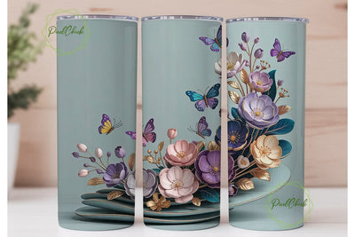 3D Floral Butterfly Tumbler Wrap Sublimation PixelChick 