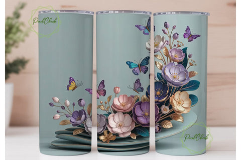 3D Floral Butterfly Tumbler Wrap Sublimation PixelChick 