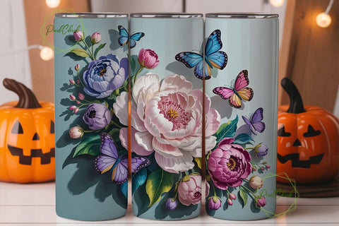 3D Floral Butterfly Tumbler Wrap Sublimation PixelChick 