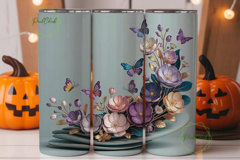 3D Floral Butterfly Tumbler Wrap Sublimation PixelChick 