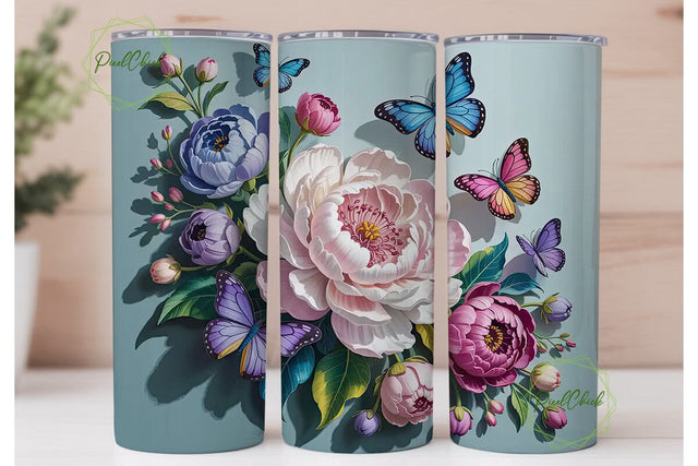 3D Floral Butterfly Tumbler Wrap Sublimation PixelChick 