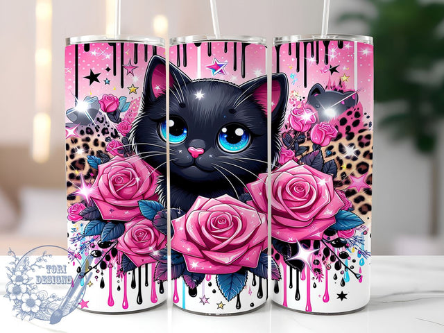 3D Floral Cat 20oz Skinny Tumbler PNG, Cat Lovers Tumbler Sublimation Wrap, Straight & Tapered Tumbler Wrap, Instant Digital Download Sublimation ToriDesigns 