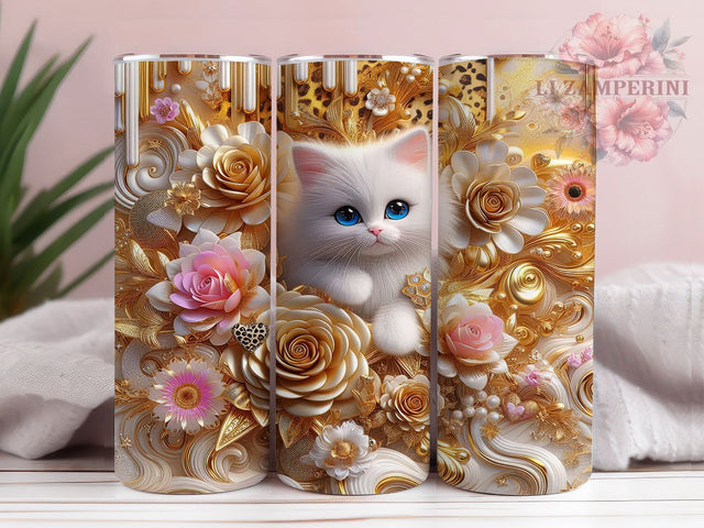 3D Floral Cat Tumbler, Cute Flowers Tumbler, Floral Cat 20oz Wrap, Sublimation Design, Cat Lover Gift, Adorable Cat Wrap, Whimsical Floral Tumbler Sublimation Li Zamperini 