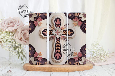 3D Floral Cross 20oz Tumbler Wrap Sublimation sassyprint 