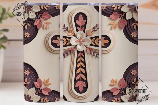 3D Floral Cross 20oz Tumbler Wrap Sublimation sassyprint 