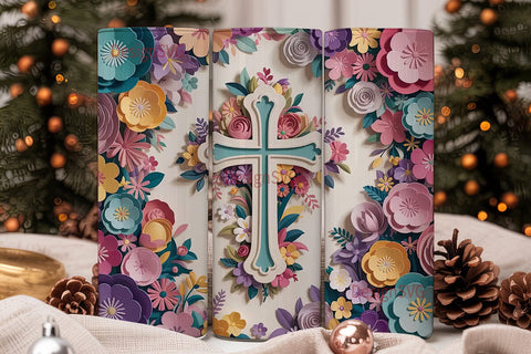3D Floral Cross Tumbler Wrap Sublimation DesignSVG 