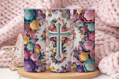 3D Floral Cross Tumbler Wrap Sublimation DesignSVG 