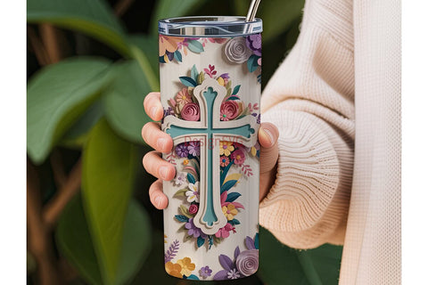 3D Floral Cross Tumbler Wrap Sublimation DesignSVG 