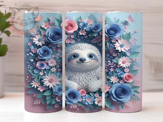 3D Floral Cute Sloth Tumbler, Floral Sloth Wrap, 20Oz Skinny Tumbler, Blue White Flower Design, Cute Animal Sublimation, Whimsical Sloth Tumbler, Nature-Inspired Wrap Sublimation Lara' s Designs 