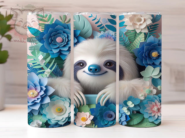 3D Floral Cute Sloth Tumbler, Floral Sloth Wrap, 20Oz Skinny Tumbler, Blue White Flower Design, Cute Animal Sublimation, Whimsical Sloth Tumbler, Nature-Inspired Wrap Sublimation Lara' s Designs 