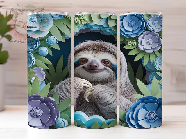 3D Floral Cute Sloth Tumbler, Floral Sloth Wrap, 20Oz Skinny Tumbler, Blue White Flower Design, Cute Animal Sublimation, Whimsical Sloth Tumbler, Nature-Inspired Wrap Sublimation Lara' s Designs 