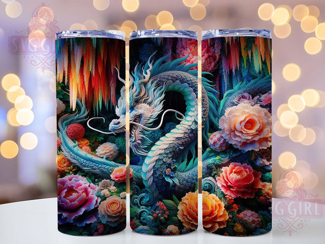 3D Floral Elegant Fantasy Dragon Tumbler, Floral Fantasy Wrap, 20oz Tumbler Sublimation, Mythical Creature Design, Elegant Dragon Wrap, Botanical Beast Tumbler, Enchanted Floral Sublimation Sublimation SvggirlplusArt 