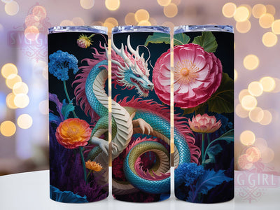 3D Floral Elegant Fantasy Dragon Tumbler, Floral Fantasy Wrap, 20oz Tumbler Sublimation, Mythical Creature Design, Elegant Dragon Wrap, Botanical Beast Tumbler, Enchanted Floral Sublimation Sublimation SvggirlplusArt 