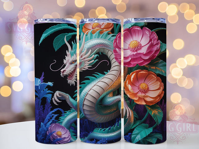 3D Floral Elegant Fantasy Dragon Tumbler, Floral Fantasy Wrap, 20oz Tumbler Sublimation, Mythical Creature Design, Elegant Dragon Wrap, Botanical Beast Tumbler, Enchanted Floral Sublimation Sublimation SvggirlplusArt 
