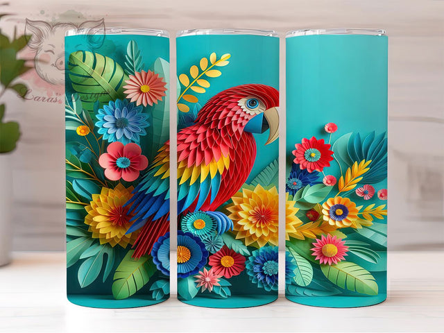 3D Floral Exotic Parrot Tumbler, Floral Parrot Tumbler, Colorful Bird Wrap, Whimsical Parrot Wrap, Exotic Floral Wrap, Sublimation Design, Trendy Gift Idea Sublimation Lara' s Designs 